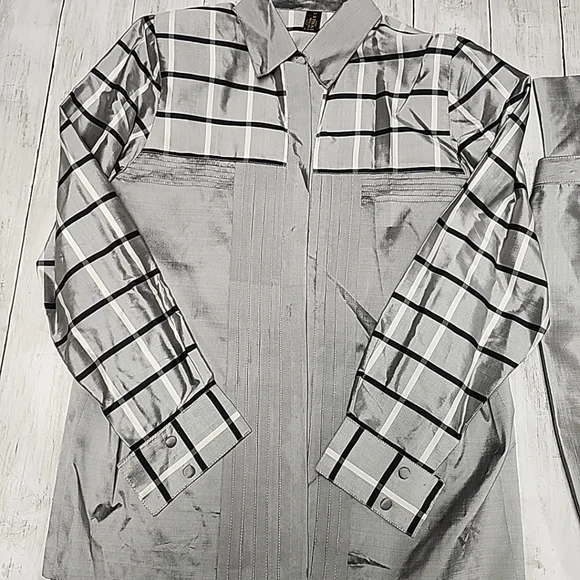 J.S. Thai 100% Silk Womens 2-Piece Set Handmade Plaid Shirt & Pants Silver Sz P - Picture 2 of 15